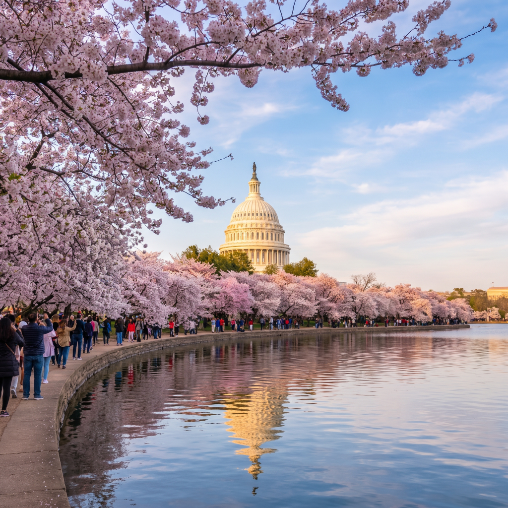 Cherry blossoms framing the U.S. Capitol